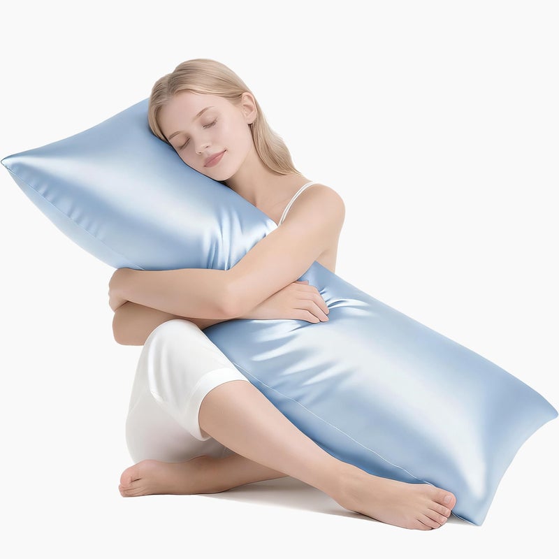 MR&HM Satin Body Pillow Cover, Soft and Breathable Body Pillow Case with Envelope Closure, Cooling and Silky Long Pillowcase for Hair and Skin,Grey (20x54, Light Blue) - Image 1